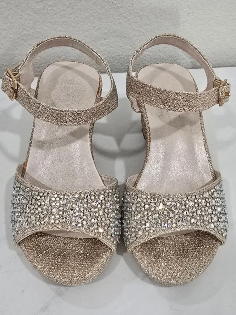 David’s Bridal ✦ Gold Glitter Wedge Sandal ✦ Rhinestones Adjustable Strap Heel 9